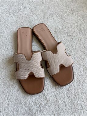 a new day Beige Canvas Slide Sandals with Brown Footbed